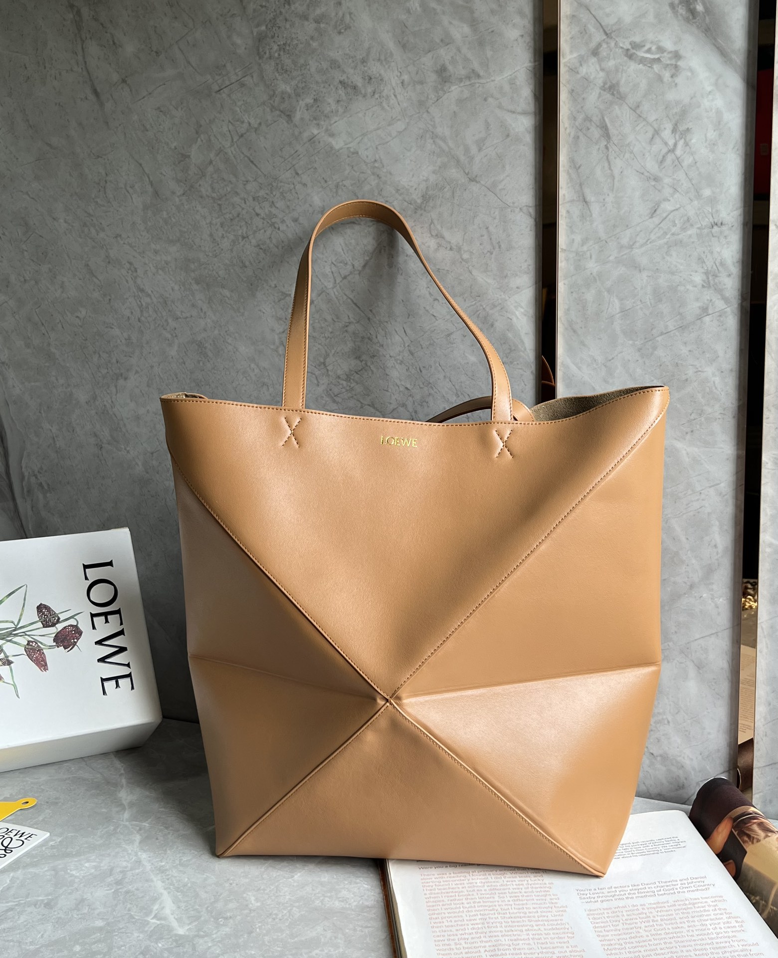 Loewe XL Puzzle Fold Tote in Shiny Calfskin Tan